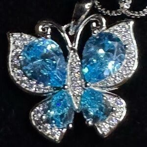 New Elegant Blue and Silver Butterfly Pendant Necklace